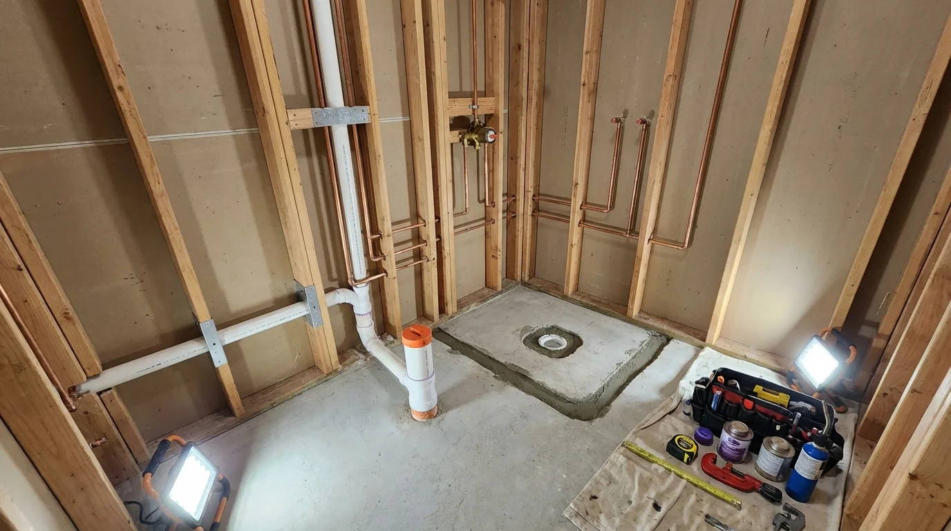 Bathroom rough-in plumbing during remodel by Johns Plumbing LLC in Towson