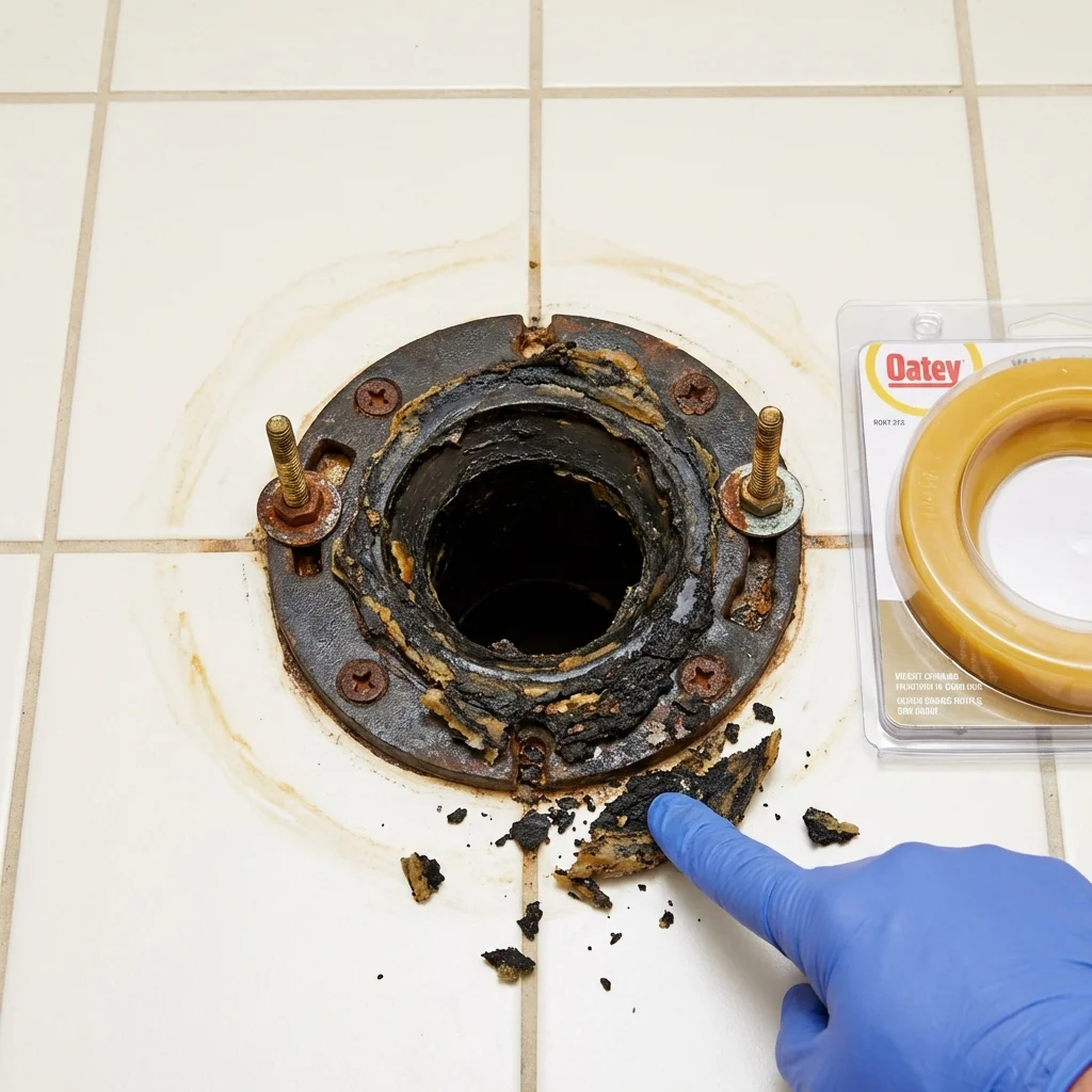 Failed wax ring showing water seepage at the base of a toilet in a Towson, MD home