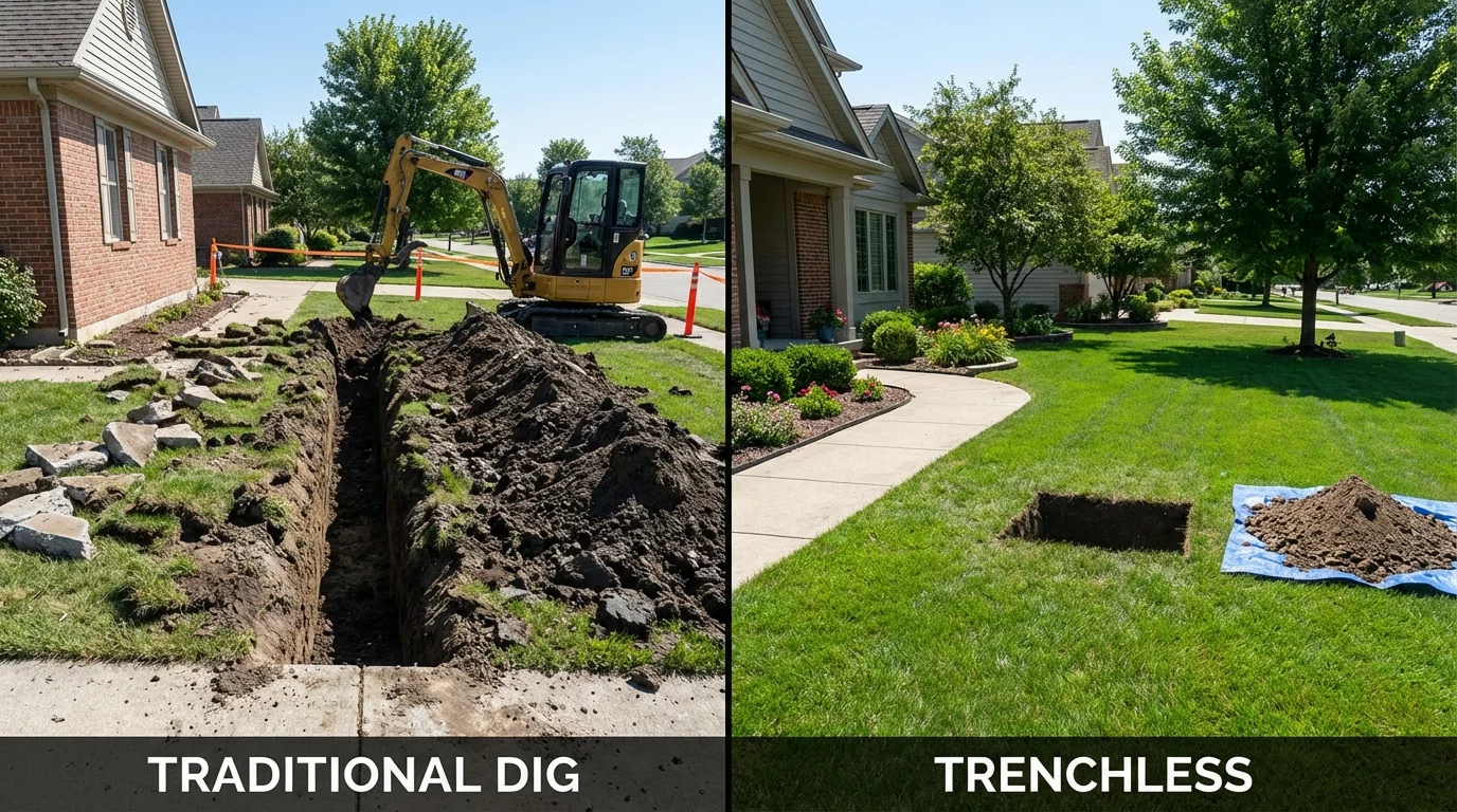 Trenchless sewer repair with minimal yard damage versus traditional excavation in Towson, MD