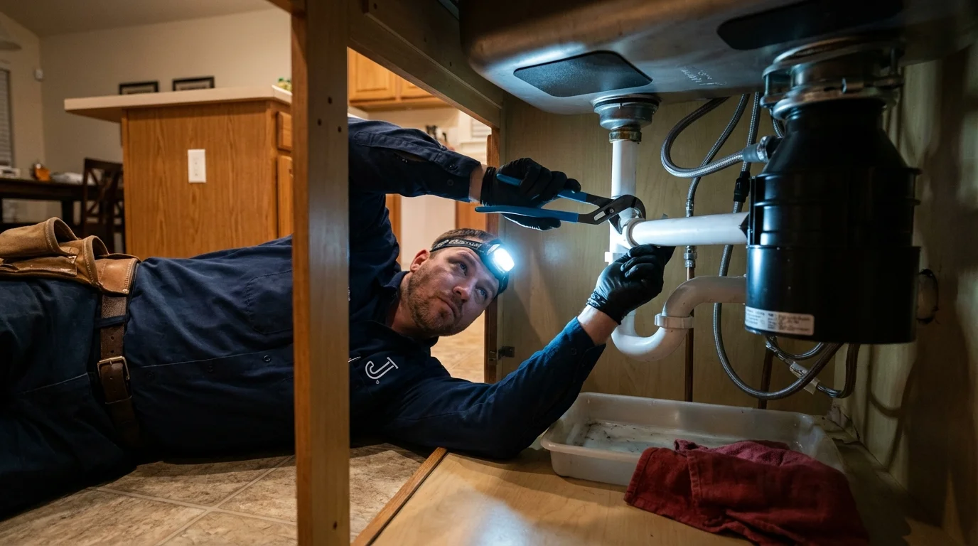 P-trap and supply line connections under a kitchen sink showing a common leak point in Towson, MD